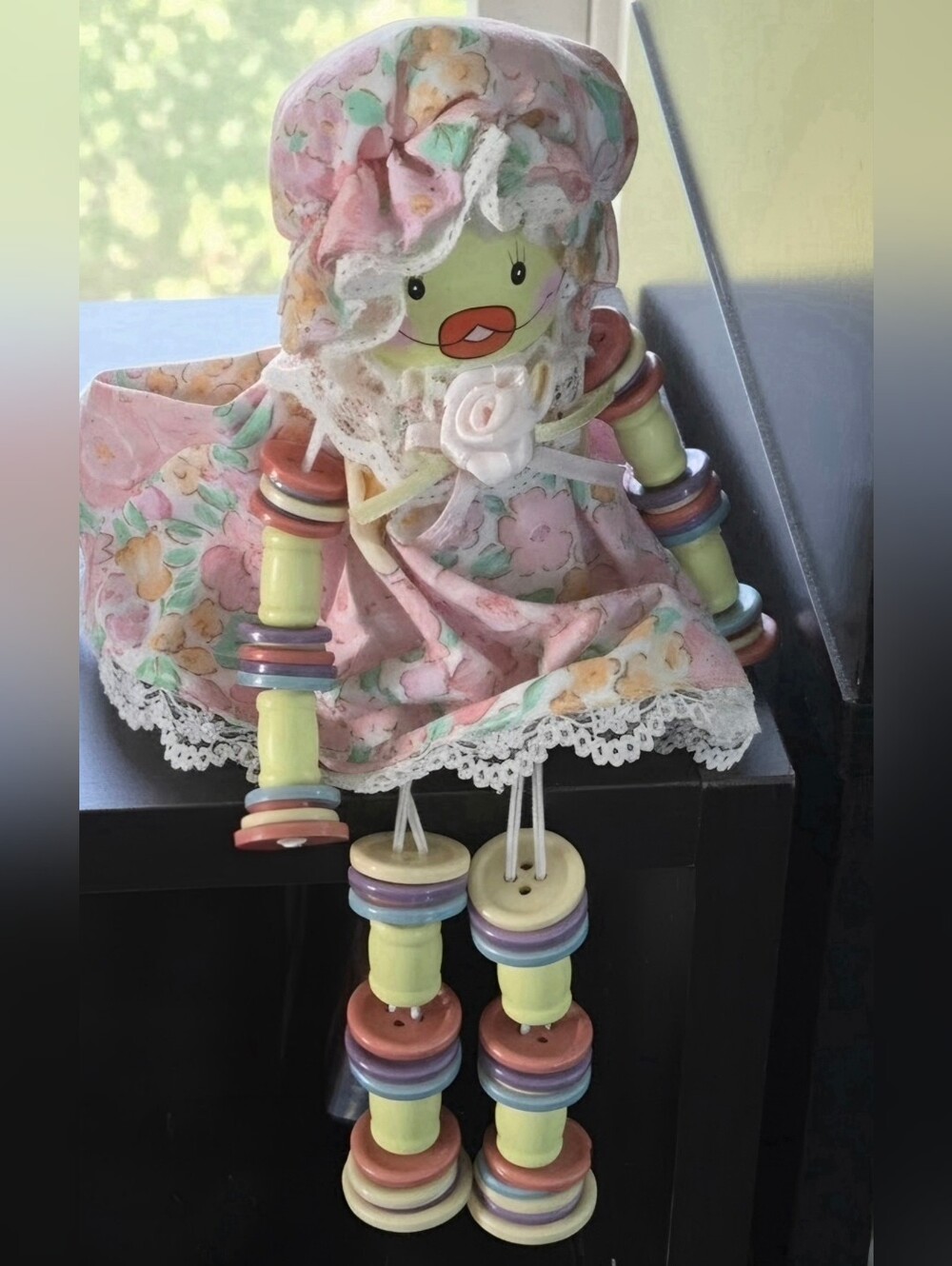 Handmade Pastel Button Doll - Pink Floral Dress